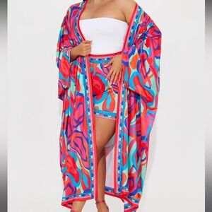 Fashion nova size large fuchsia/combo kimono short set